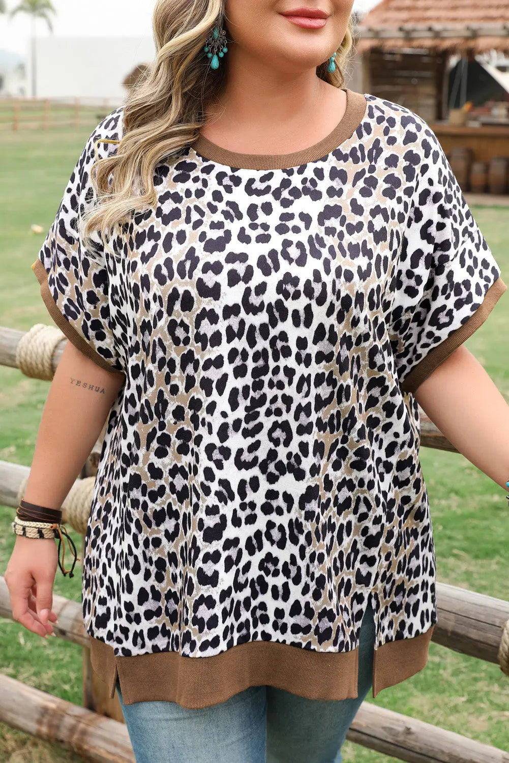 Khaki Leopard Contrast Trim Short Sleeve Loose Plus Size Top Dear-Lover Dropshipping