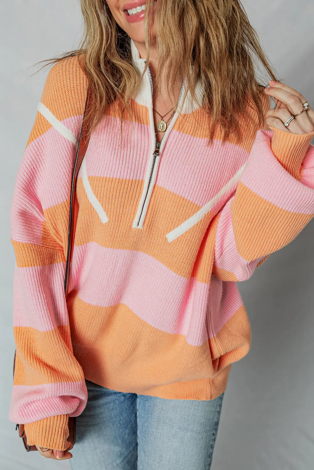 Orange Stripe Colorblock Half Zip Oversize Sweater Dear-Lover Dropshipping