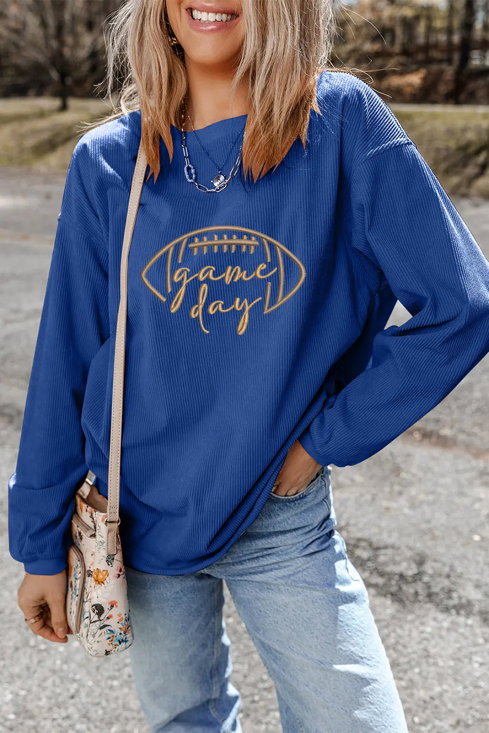 Dark Blue Rugby Game Day Embroidered Corduroy Sweatshirt Dear-Lover Dropshipping