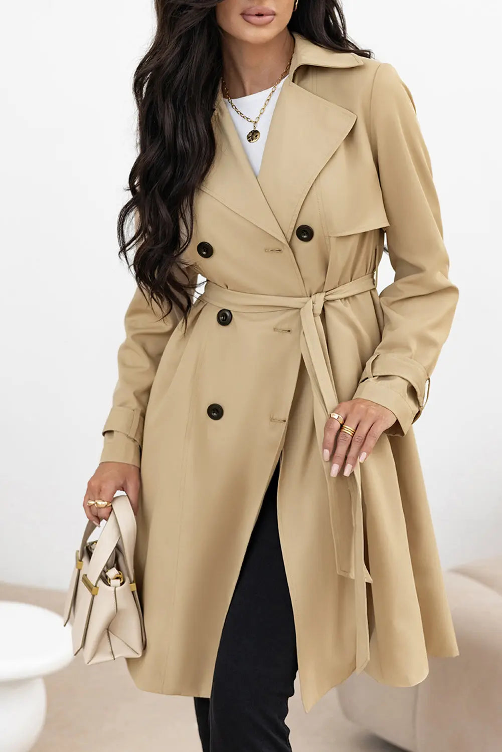 Pale Khaki Solid Color Lapel Collar Waist Tie Wind Coat Dear-Lover Dropshipping