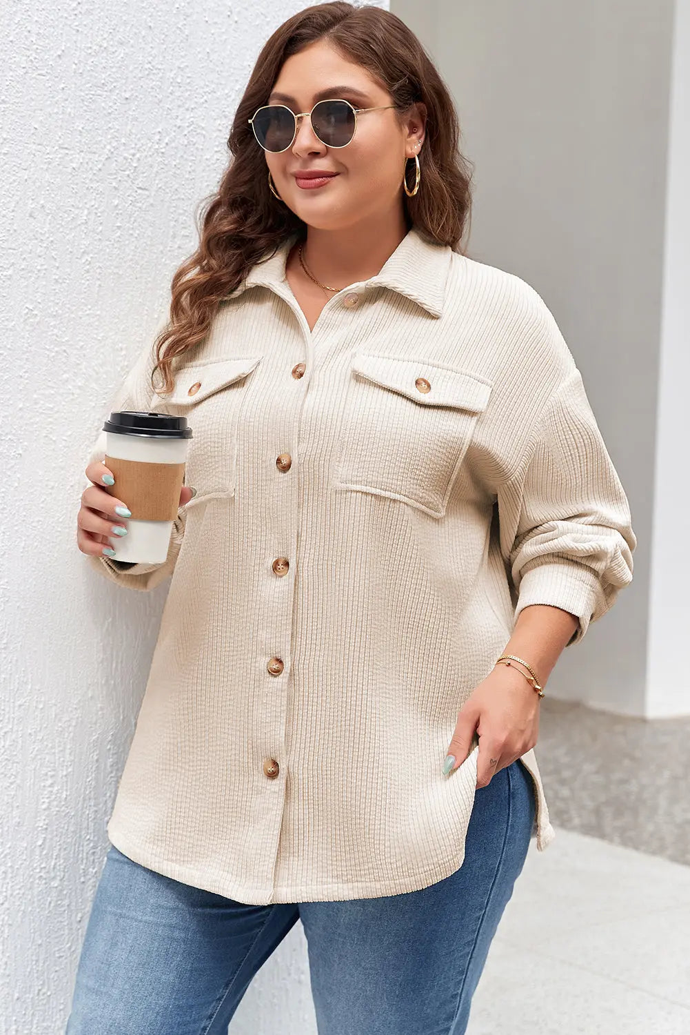 Oatmeal Textured Flap Pockets Buttoned Plus Size Shacket Dear-Lover Dropshipping