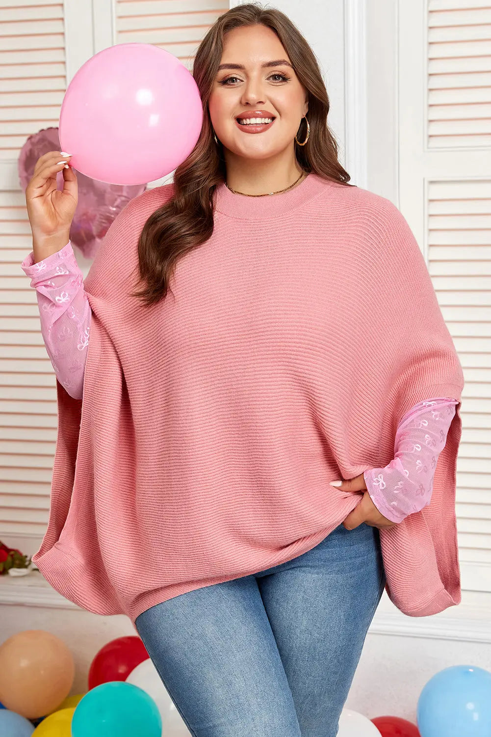 Light Pink Ribbed Knit Half Sleeve Plus Size Poncho Style Sweater Dear-Lover Dropshipping