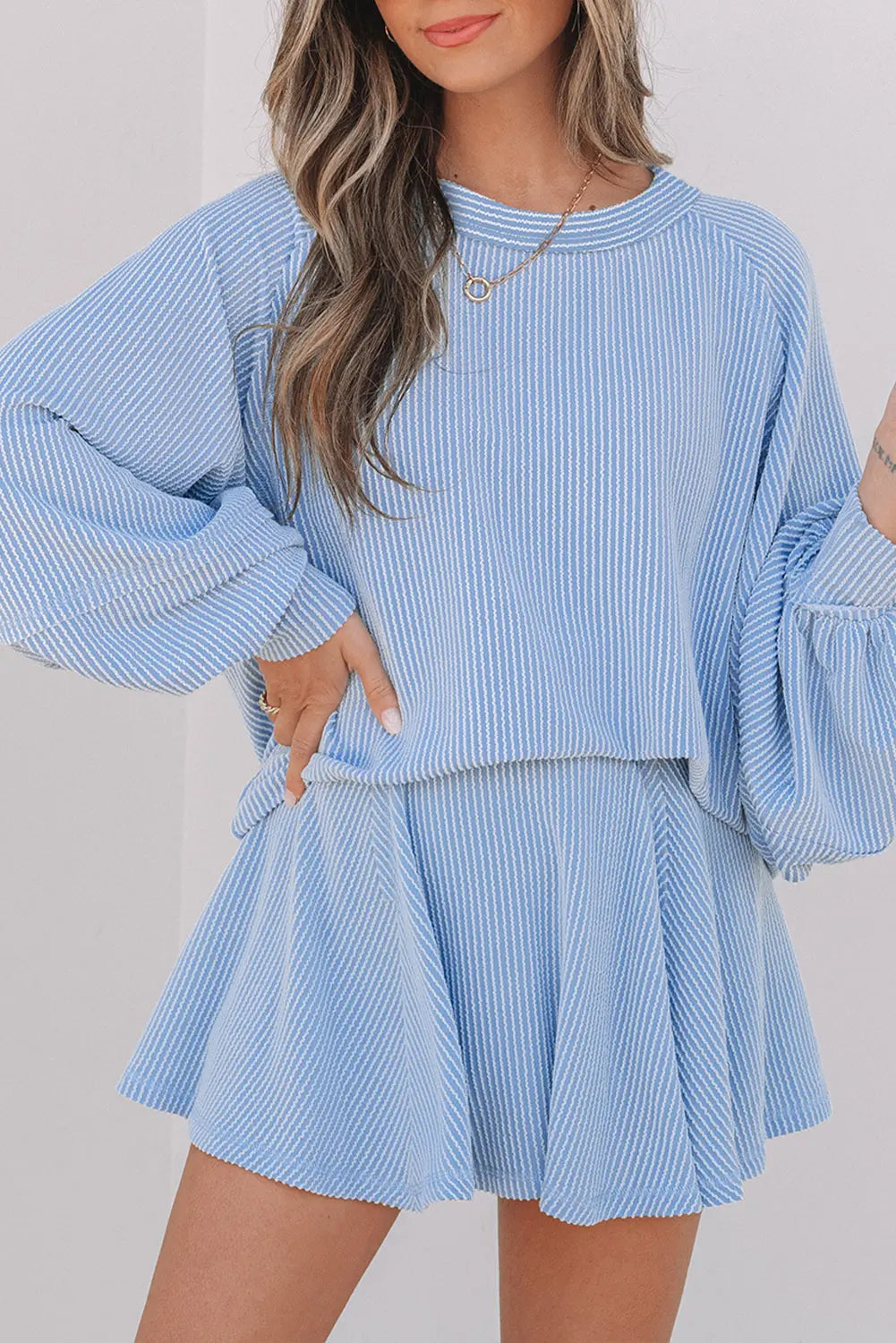 Sky Blue Corded Lantern Sleeve Top High Waist Ruffled Mini Skirt Set Dear-Lover Dropshipping