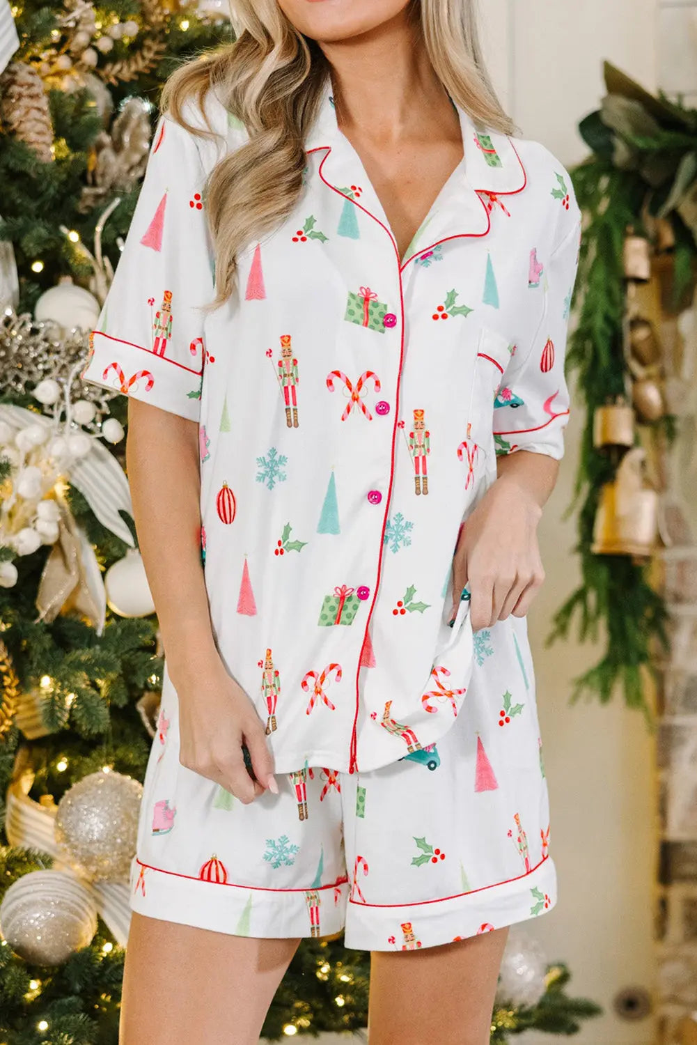 White Christmas Print Short Sleeve Shirt and Shorts Pajama Set Dear-Lover Dropshipping