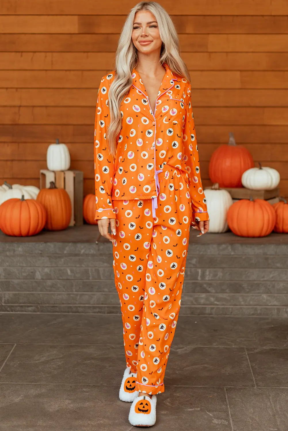 Orange Halloween Print Lapel Shirt Long 2pcs Pajama Set Dear-Lover Dropshipping