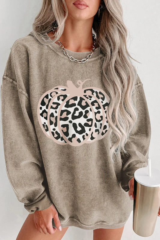 Khaki Leopard Halloween Pumpkin Graphic Corded Sweatshirt Dear-Lover Dropshipping