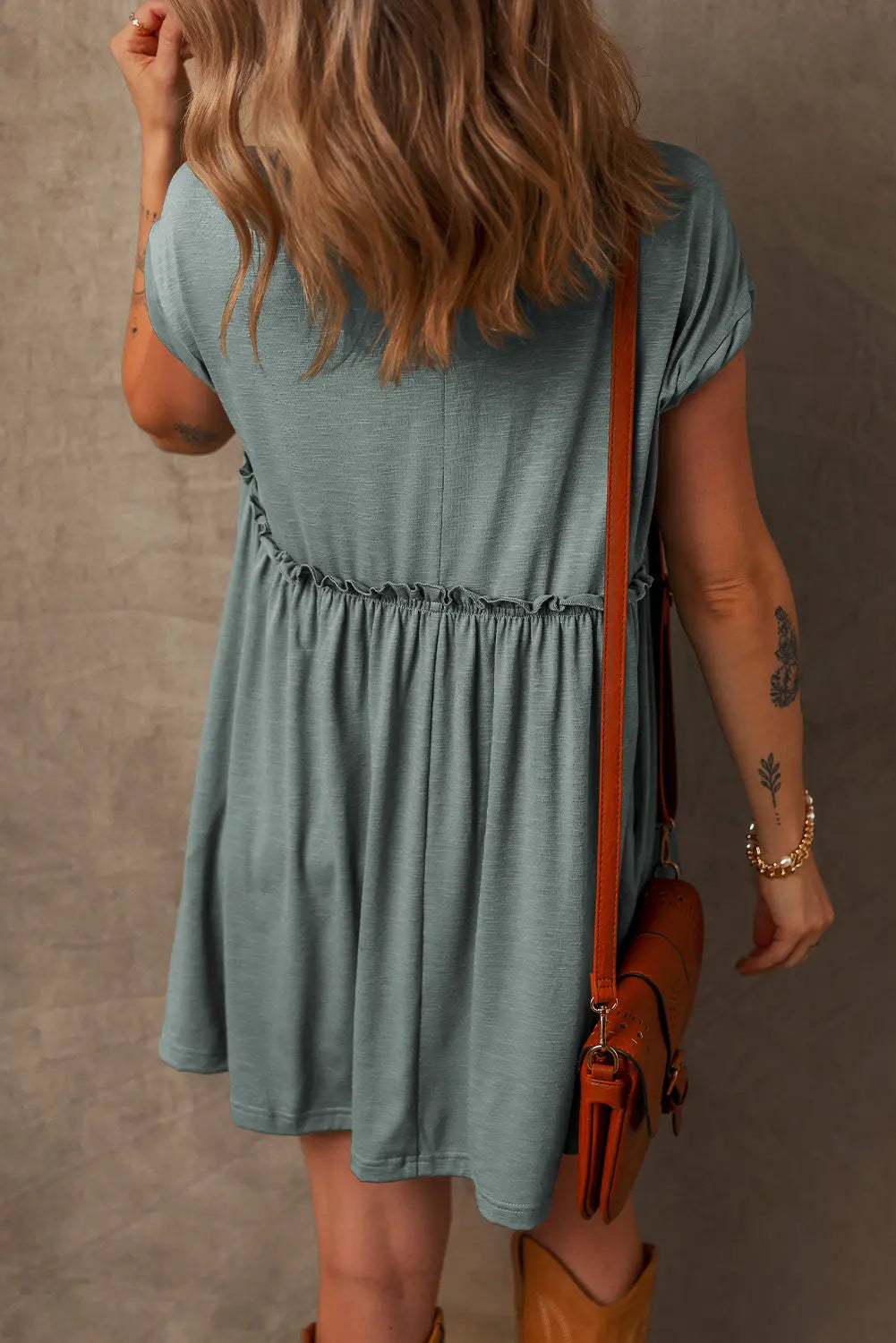 Mist Green Frilled Gathered Seam Round Neck T Shirt Dress Dear-Lover Dropshipping