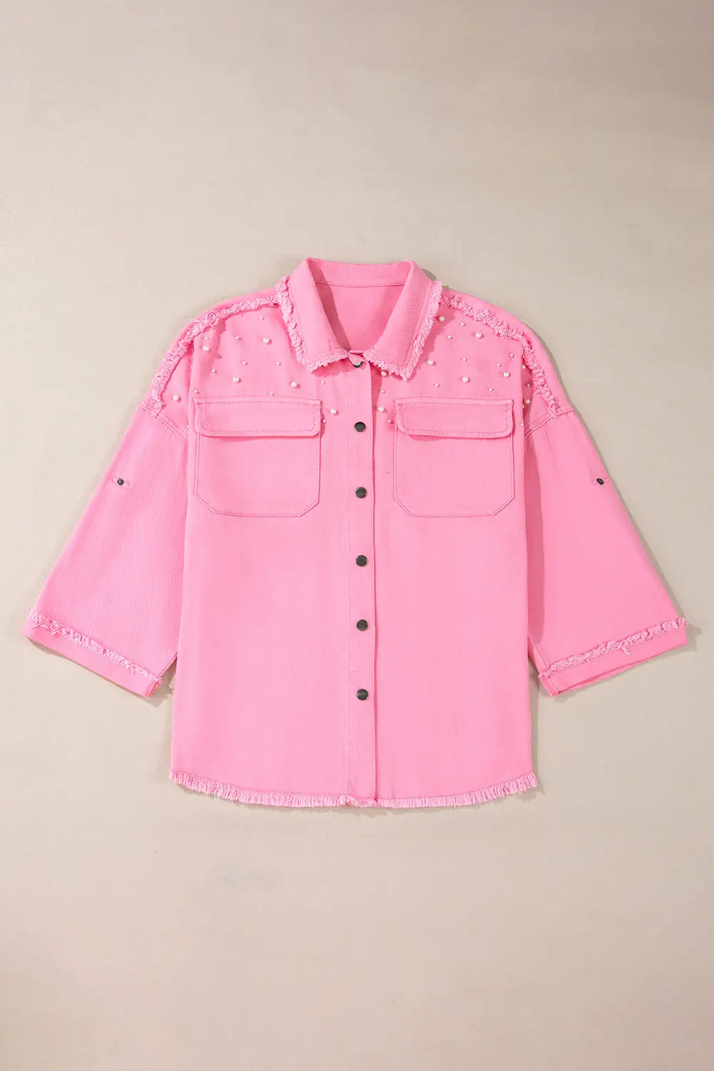 Bonbon Pearl Beaded Raw Hem Button Up Denim Jacket Dear-Lover Dropshipping