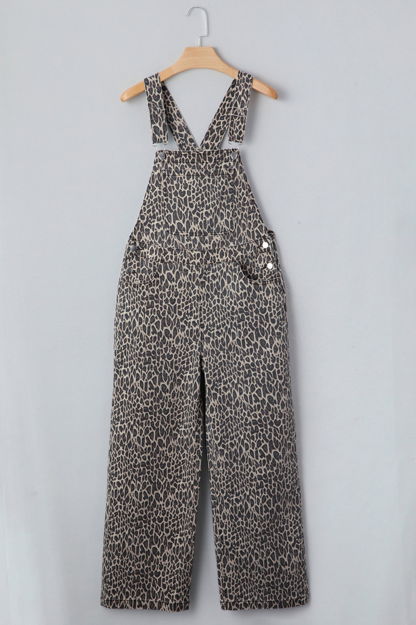 Brown Leopard Print Straight Leg Loose Denim Overall Jumpsuit