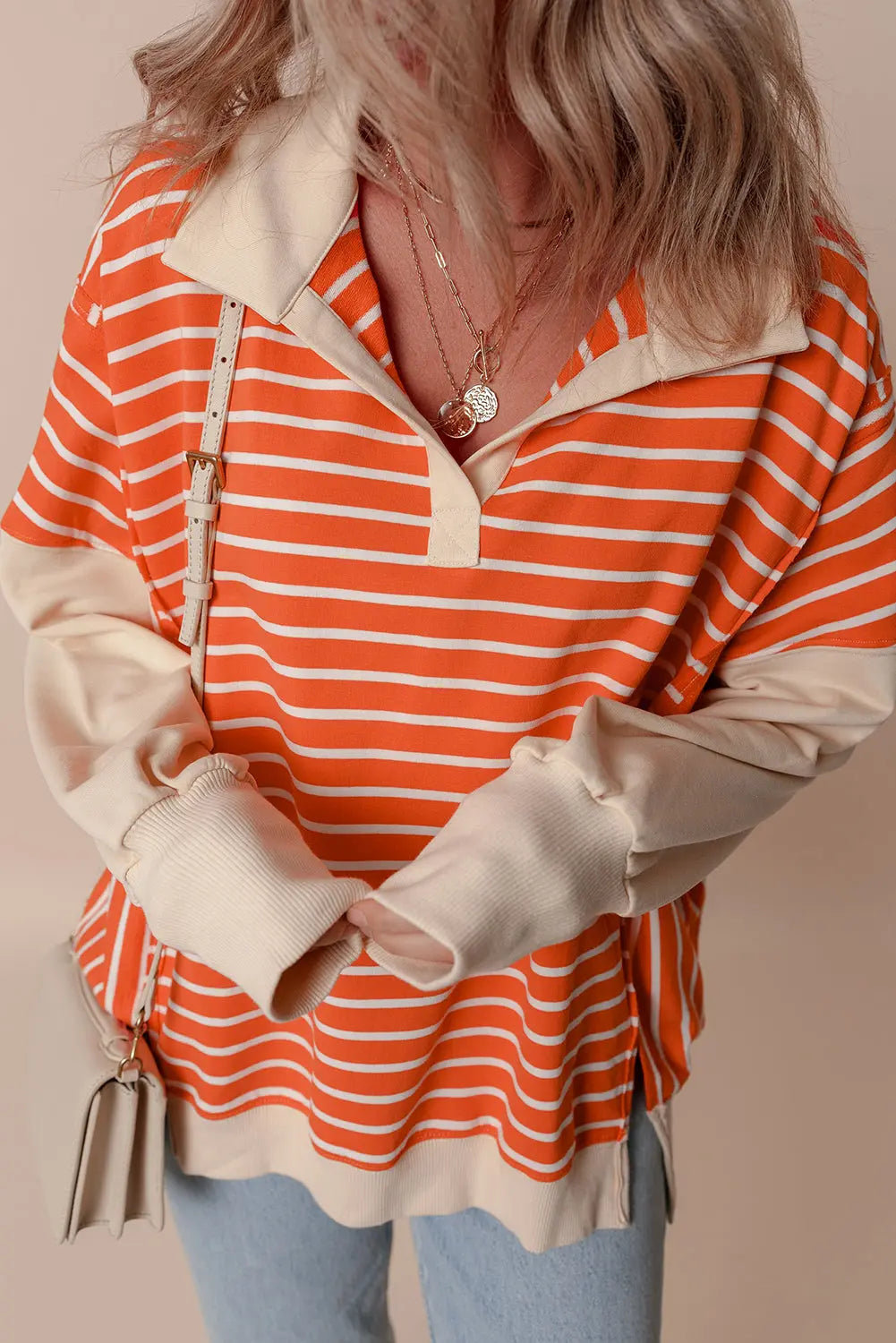 Orange Stripe Color Block Loose Fit Collared Drop Shoulder Sweatshirt Dear-Lover Dropshipping