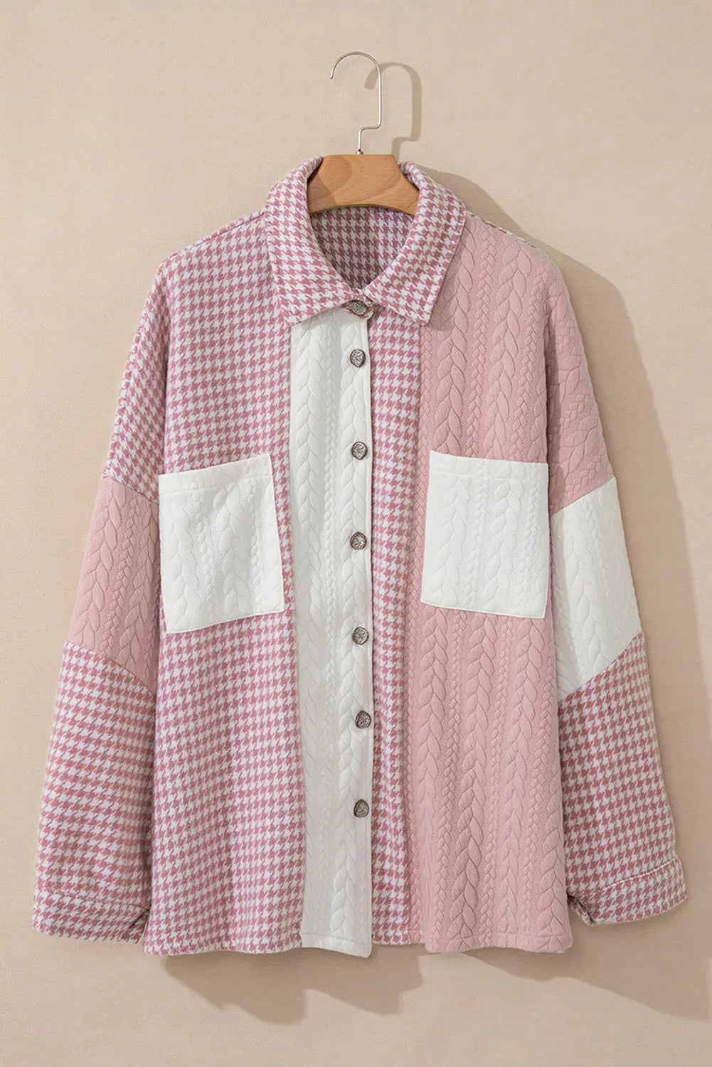 Pink Houndstooth Color Contrast Textured Patchwork Loose Shacket Dear-Lover Dropshipping