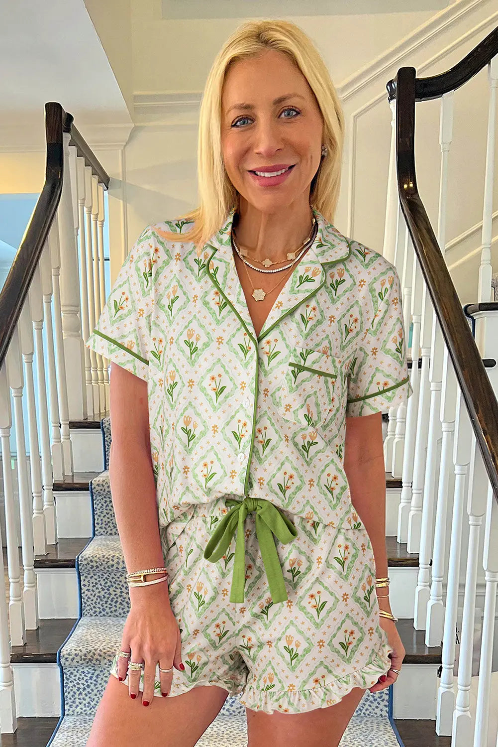 Green Floral Print Turn-down Collar Short Pajamas Set Dear-Lover Dropshipping