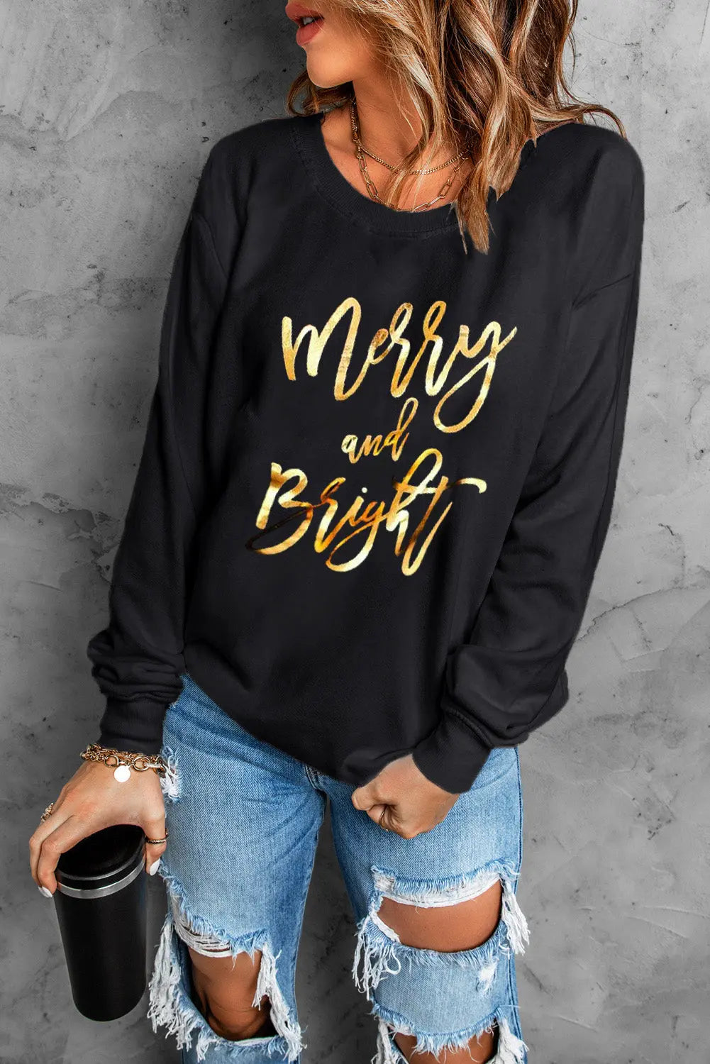 Black Merry & Bright Letter Print Pullover Sweatshirt Dear-Lover Dropshipping
