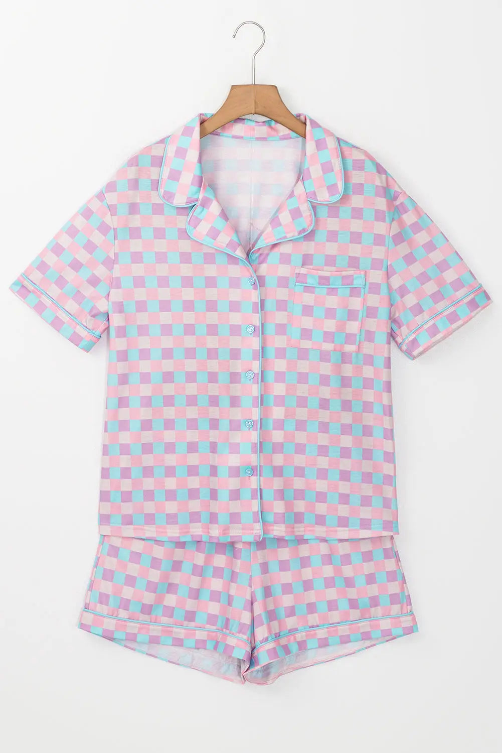 Purple Checkered Pattern Short Sleeve Pajamas Set Dear-Lover Dropshipping