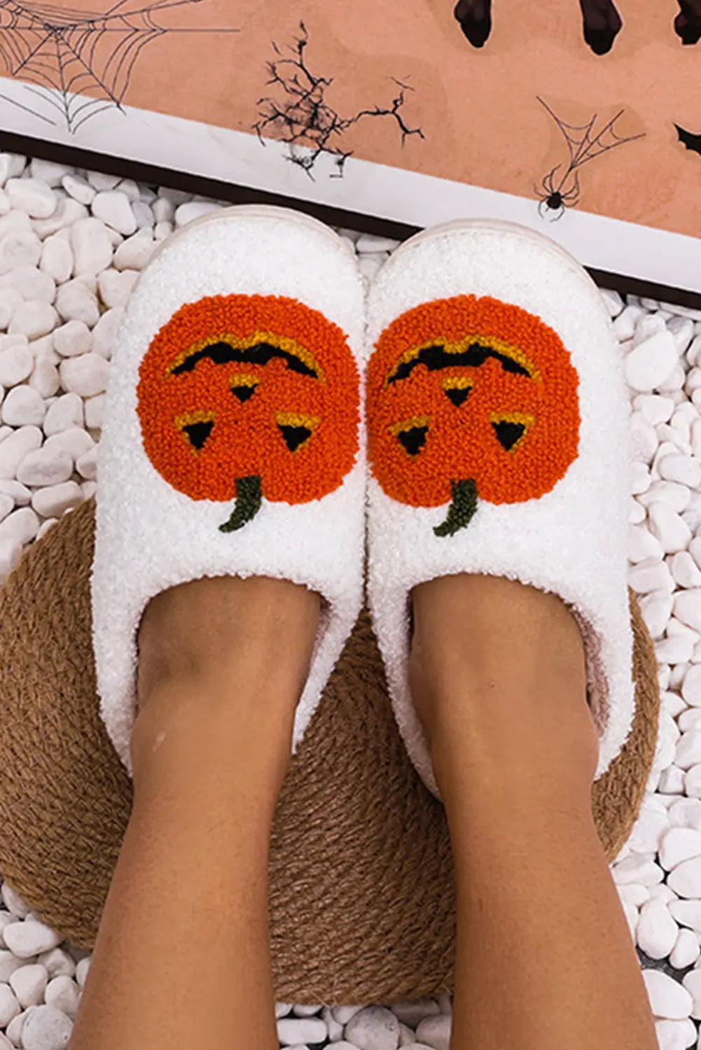 White Halloween Pumpkin Print Plush Slippers (Runs Small, Size Up) Dear-Lover Dropshipping