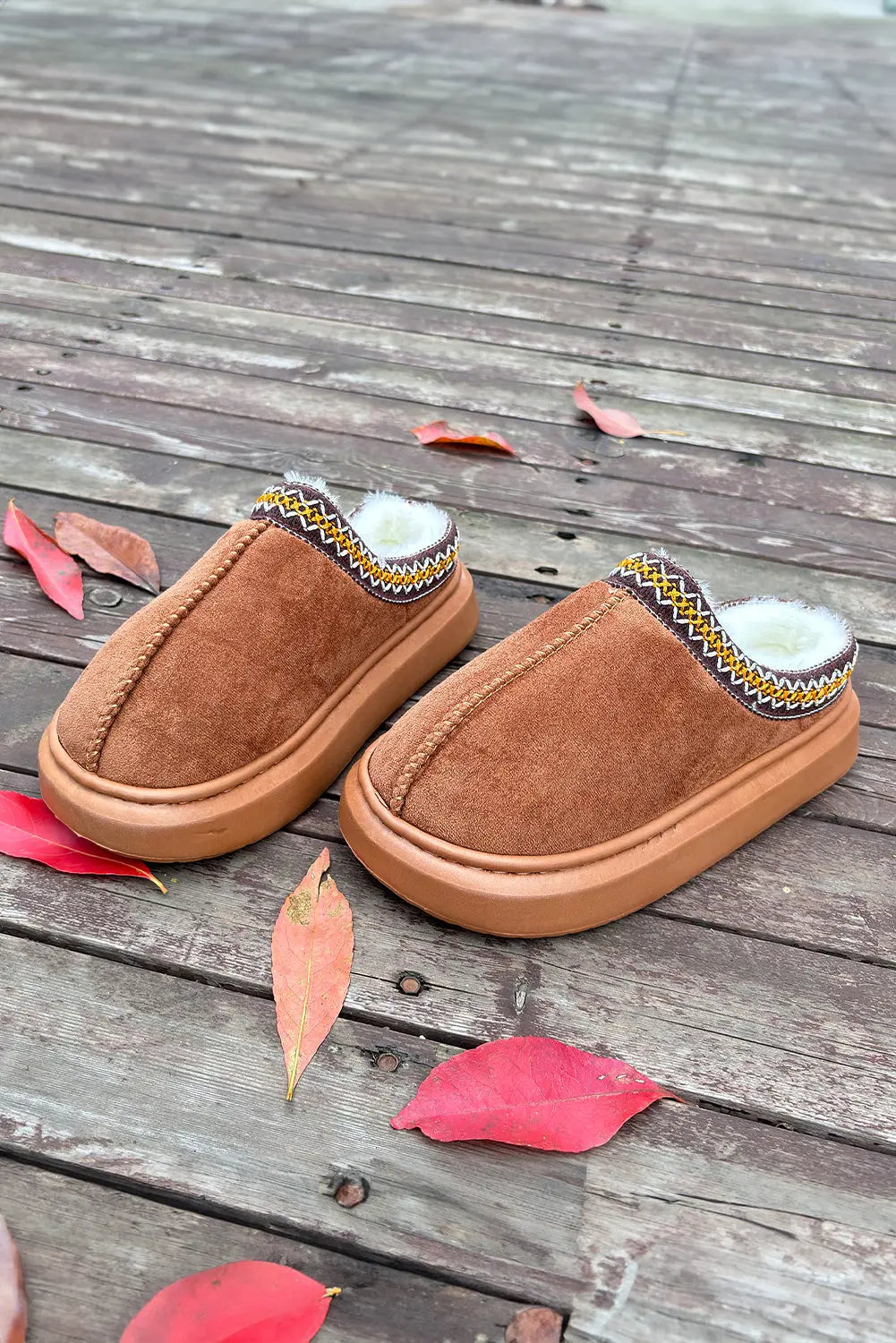 Chestnut Contrast Edge Suede Plush Lined Thick Sole Winter Slippers Dear-Lover Dropshipping
