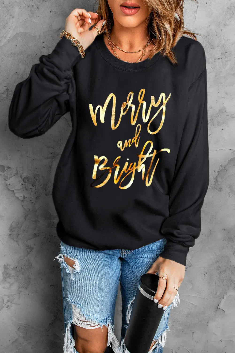 Black Merry & Bright Letter Print Pullover Sweatshirt Dear-Lover Dropshipping