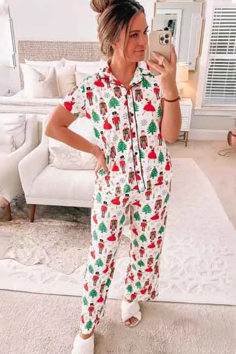 White Printed Christmas Pattern Buttoned Two Piece Sleepwear Dear-Lover Dropshipping