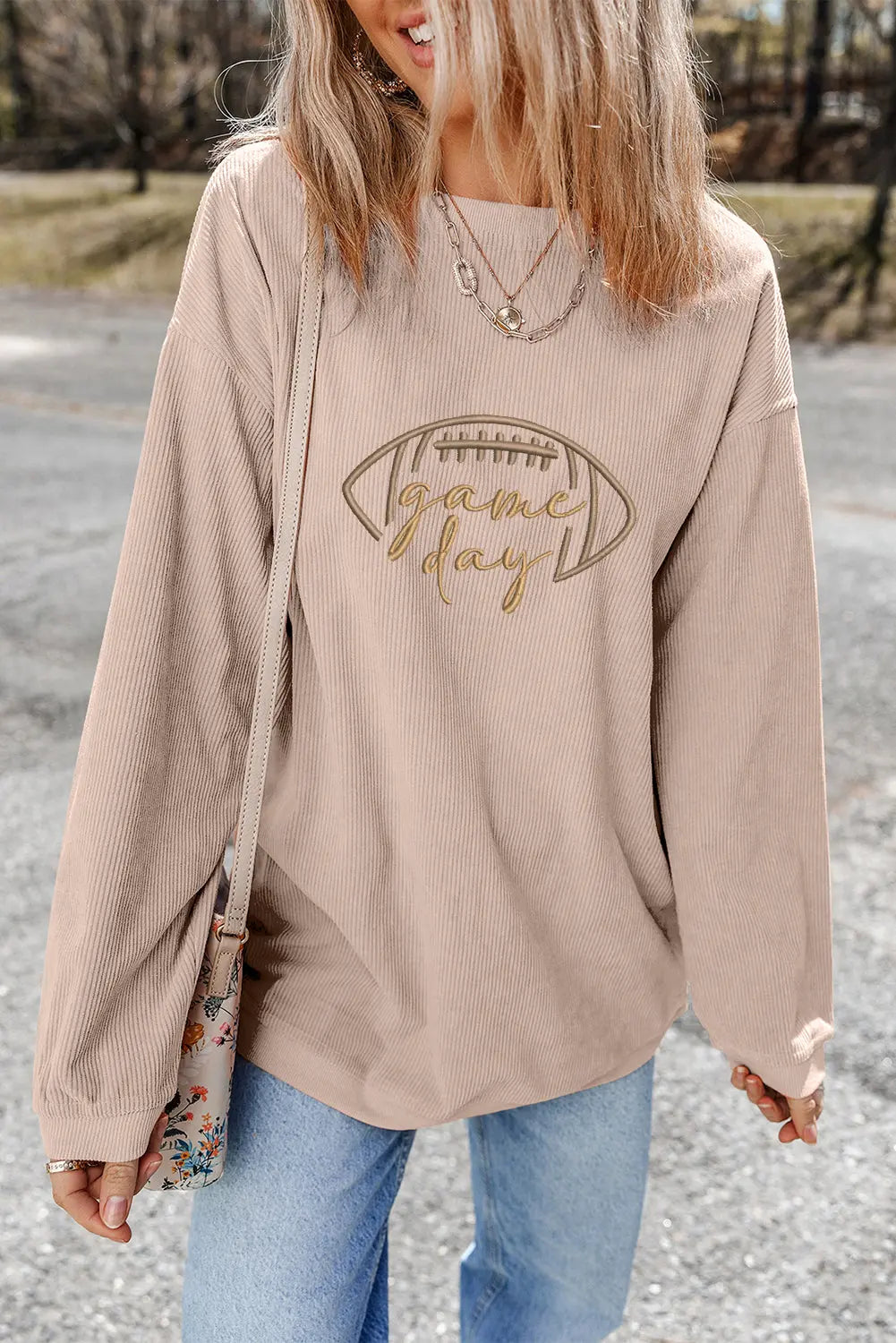 Apricot Rugby Game Day Embroidered Corduroy Sweatshirt Dear-Lover Dropshipping