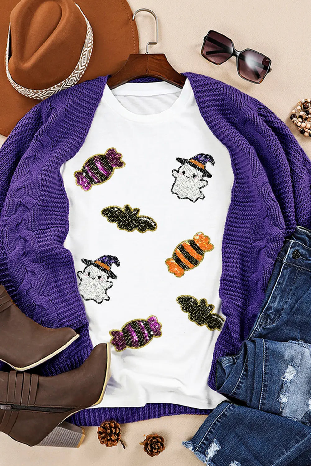 White Sequined Halloween Spirit Pattern Patched Custom Casual Tee Dear-Lover Dropshipping