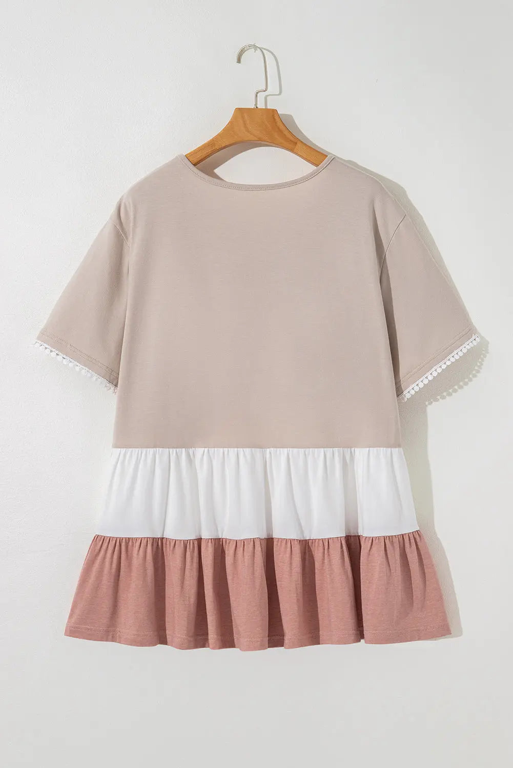 Beige Plus Size Color Block Lace Trim Ruffled Blouse Dear-Lover Dropshipping