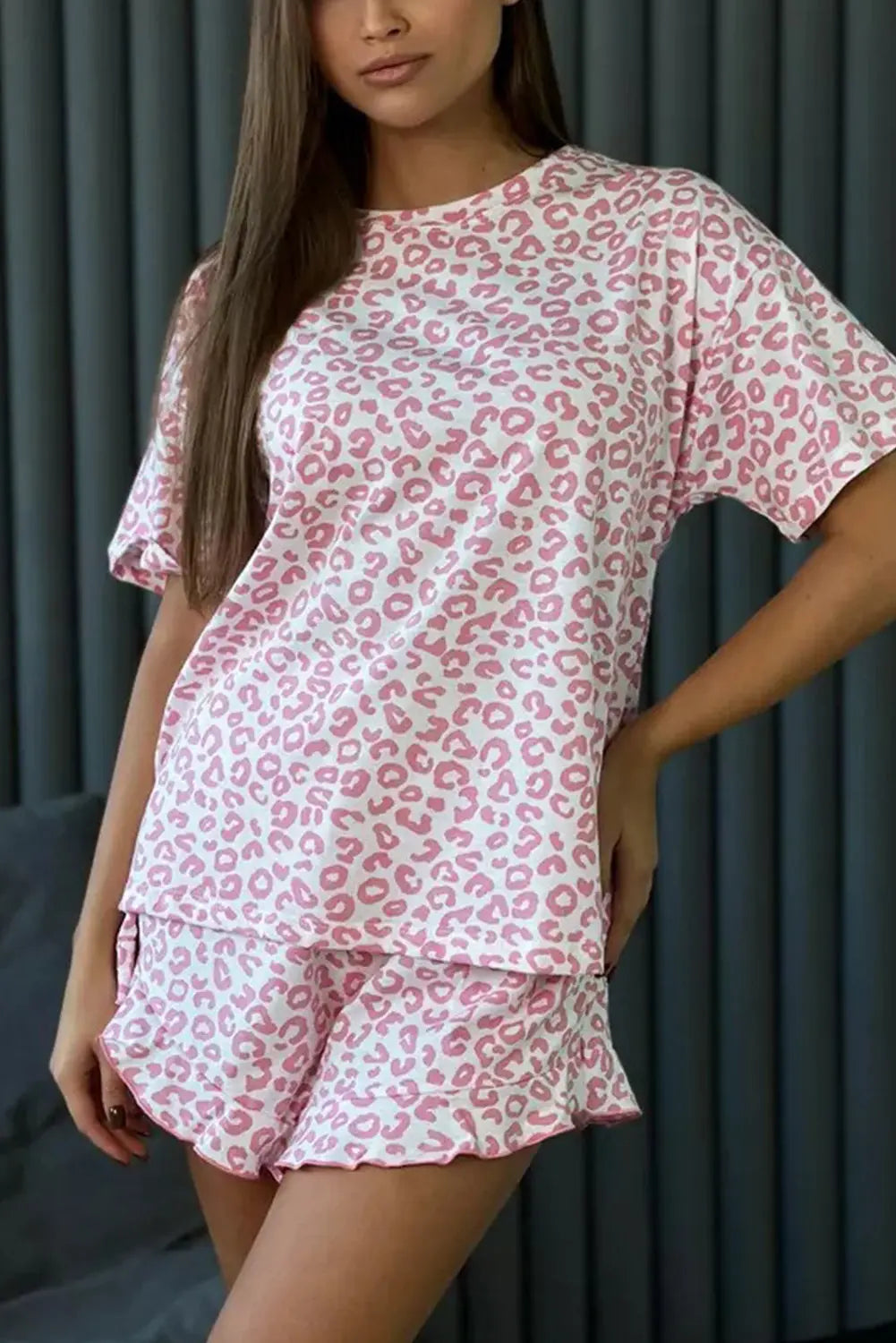 Pink Leopard Print Crew Neck Tee and Ruffled Shorts 2 Lounge Set Dear-Lover Dropshipping