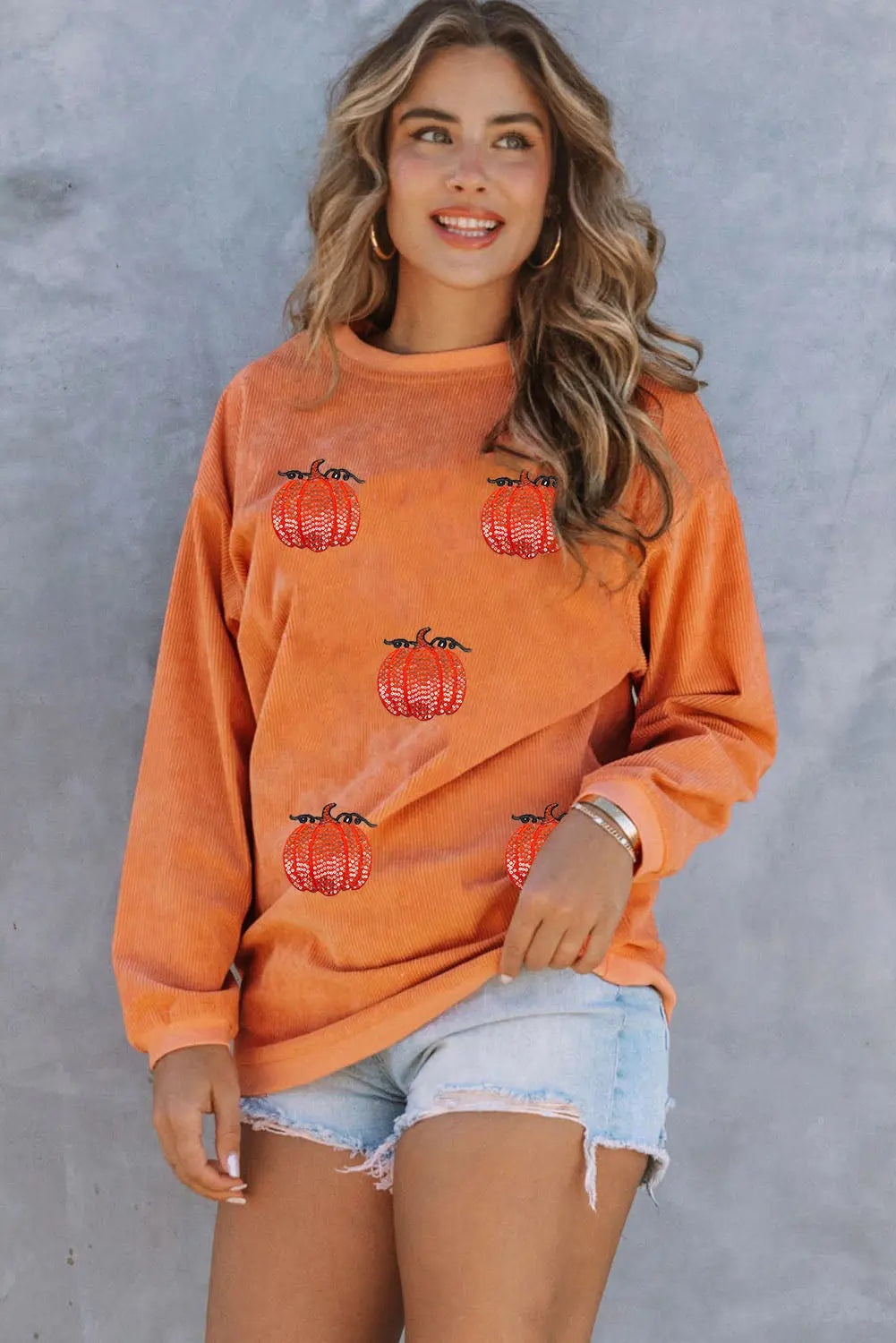 Orange Sequin Pumpkin Patched Twisted Rib Baggy Sweatshirt Dear-Lover Dropshipping