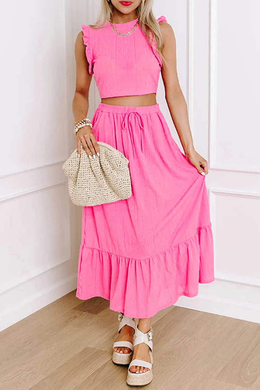 Bonbon Textured Ruffle Trim Crop Vest Lace-up Long Skirt Set Dear-Lover Dropshipping
