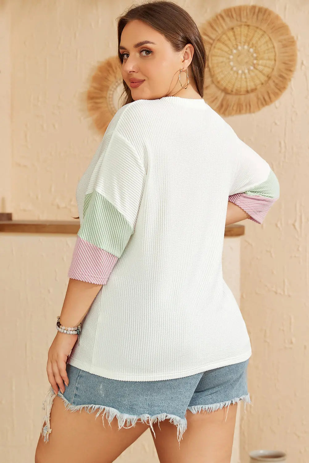 White Textured Colorblock Patchwork Half Sleeve Plus T Shirt Dear-Lover Dropshipping
