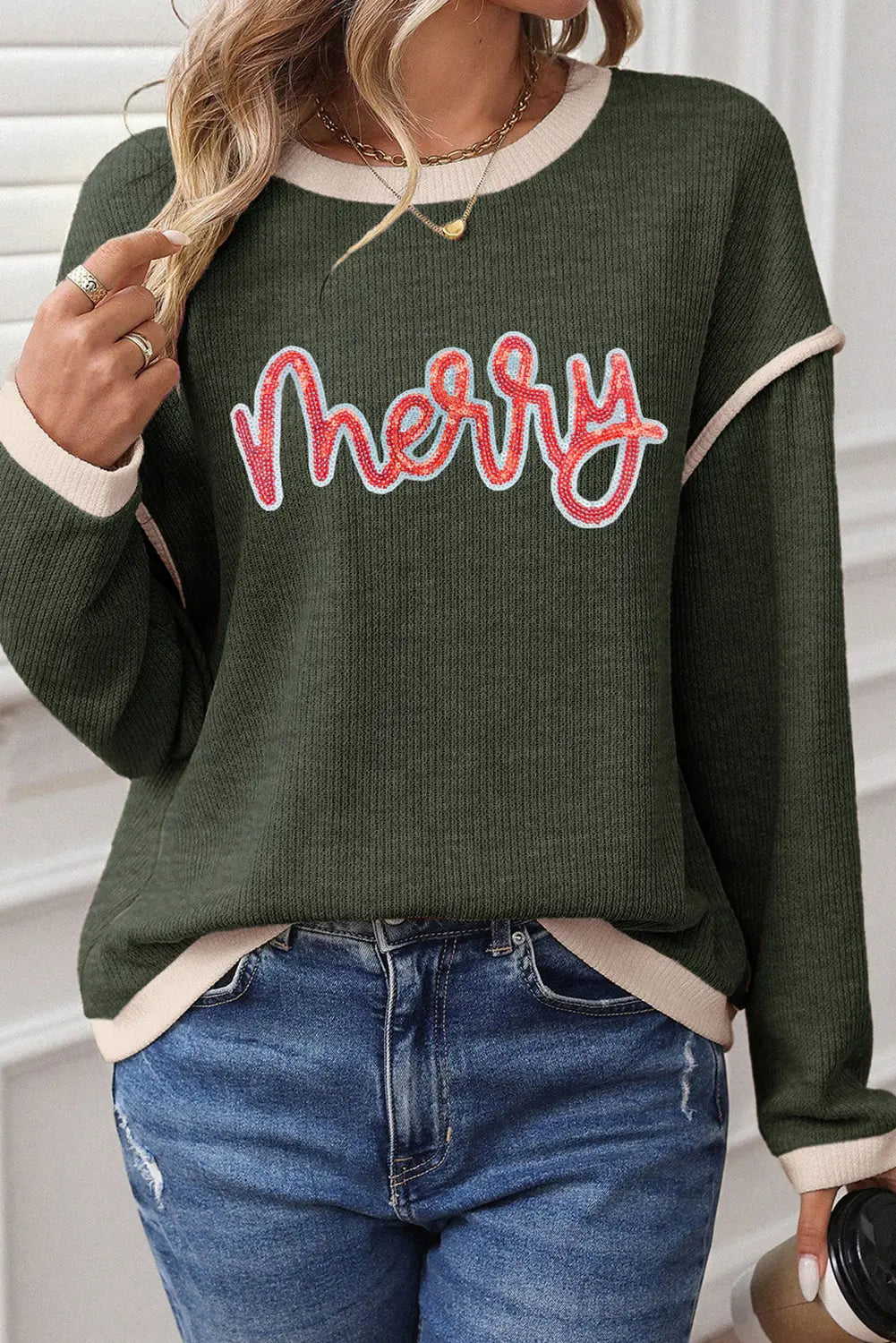 Four Leaf Clover Merry Patched Graphic Contrast Trim Christmas Knitted Long Sleeve Top Dear-Lover Dropshipping