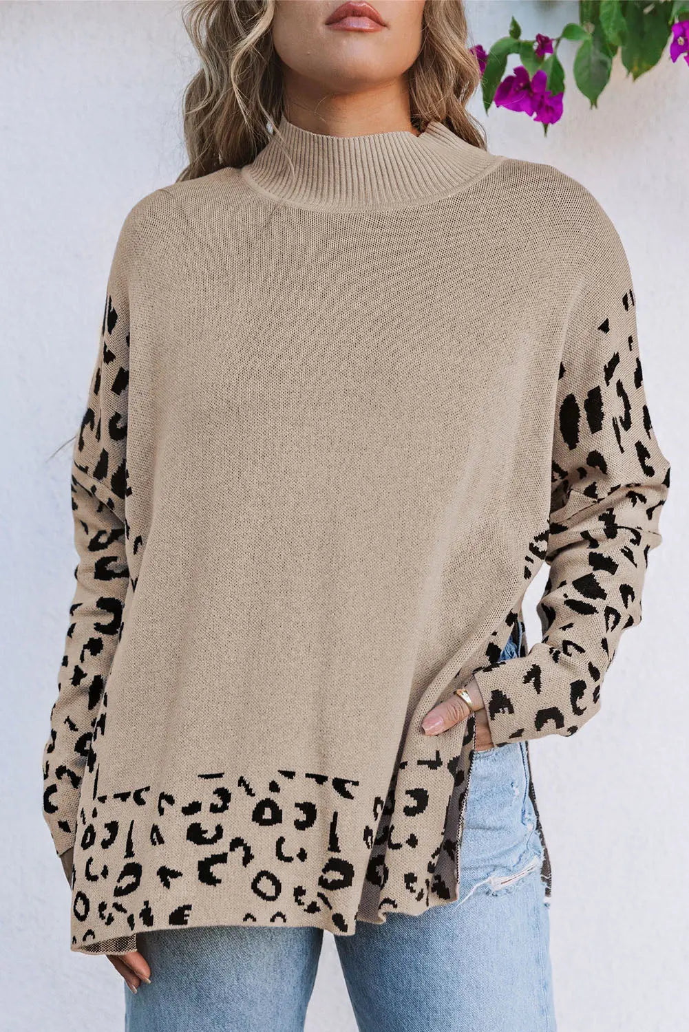 Khaki Leopard High Neck Side Slit Oversized Sweater Dear-Lover Dropshipping