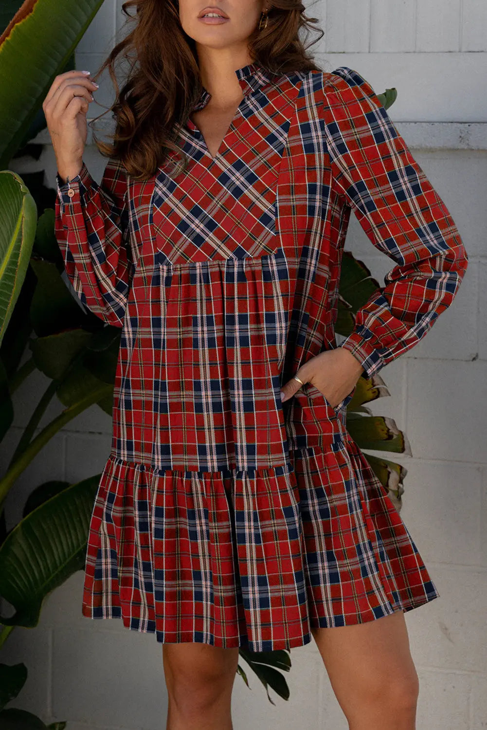 Red Plaid Print Frilly Collar Long Sleeve Shift Mini Dress Dear-Lover Dropshipping