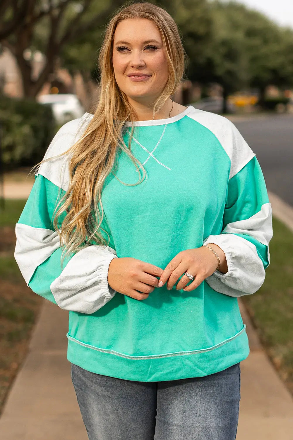 Aruba Blue Colorblock Patchwork Cross Seam Plus Sweatshirt Dear-Lover Dropshipping