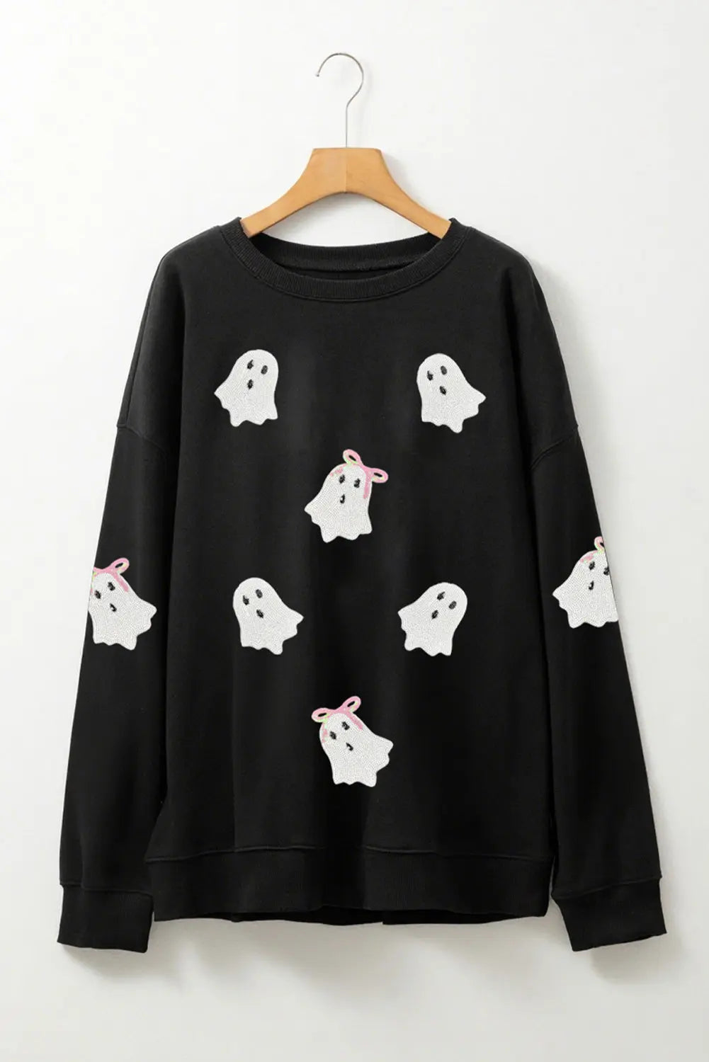 Black Sequin Cute Bow Ghost Graphic Crew Neck Halloween Sweatshirt Dear-Lover Dropshipping