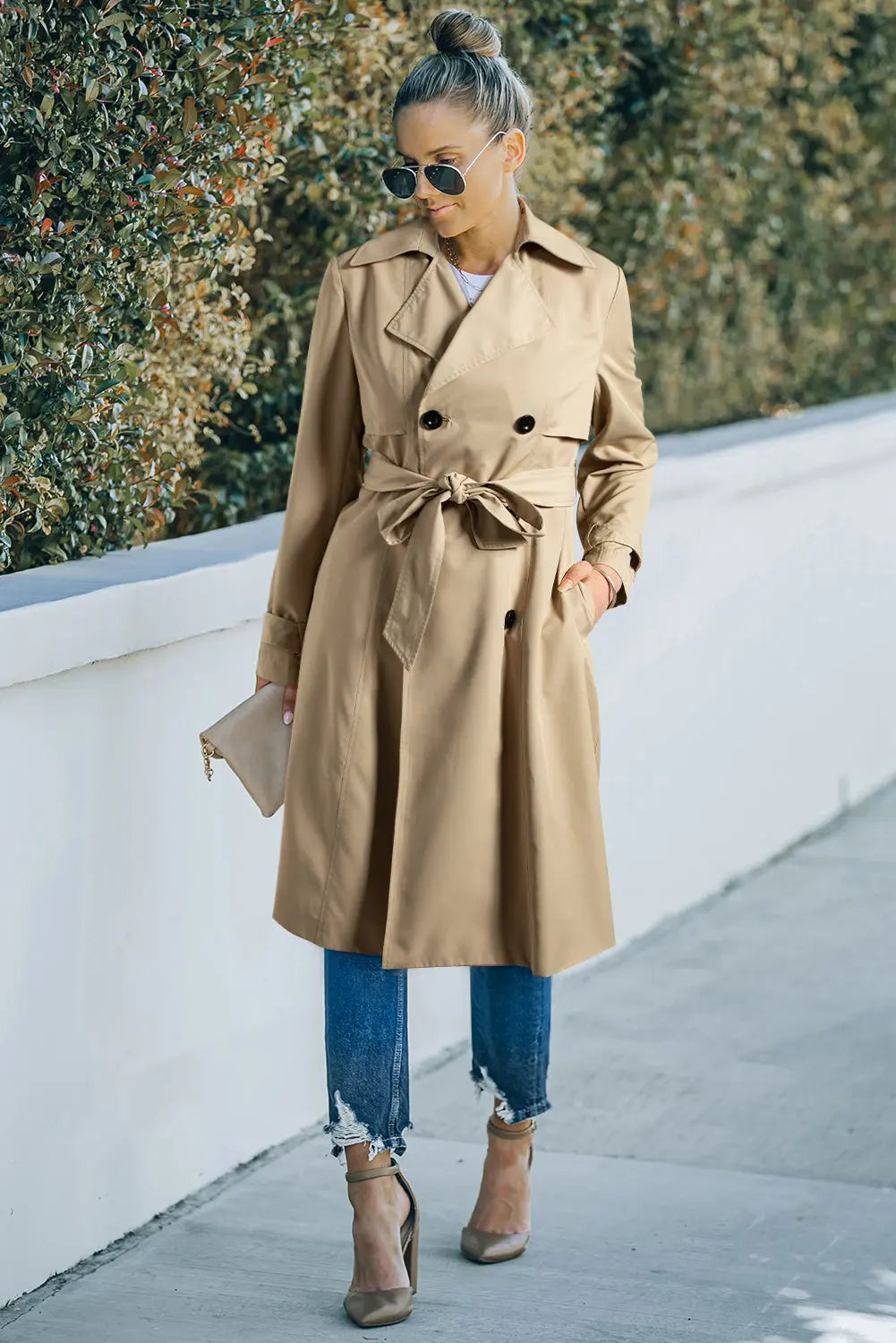 Pale Khaki Solid Color Lapel Collar Waist Tie Wind Coat Dear-Lover Dropshipping