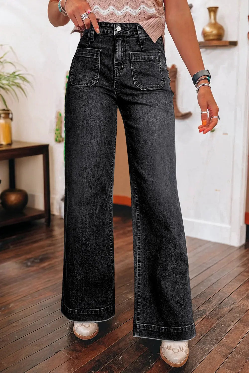 Black Wide Leg Pocketed High Waist Jeans Dear-Lover Dropshipping