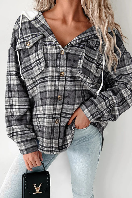Black Plaid Print Flap Pockets Contrast Hooded Loose Shacket Dear-Lover Dropshipping