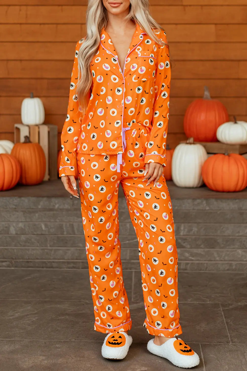 Orange Halloween Print Lapel Shirt Long 2pcs Pajama Set Dear-Lover Dropshipping