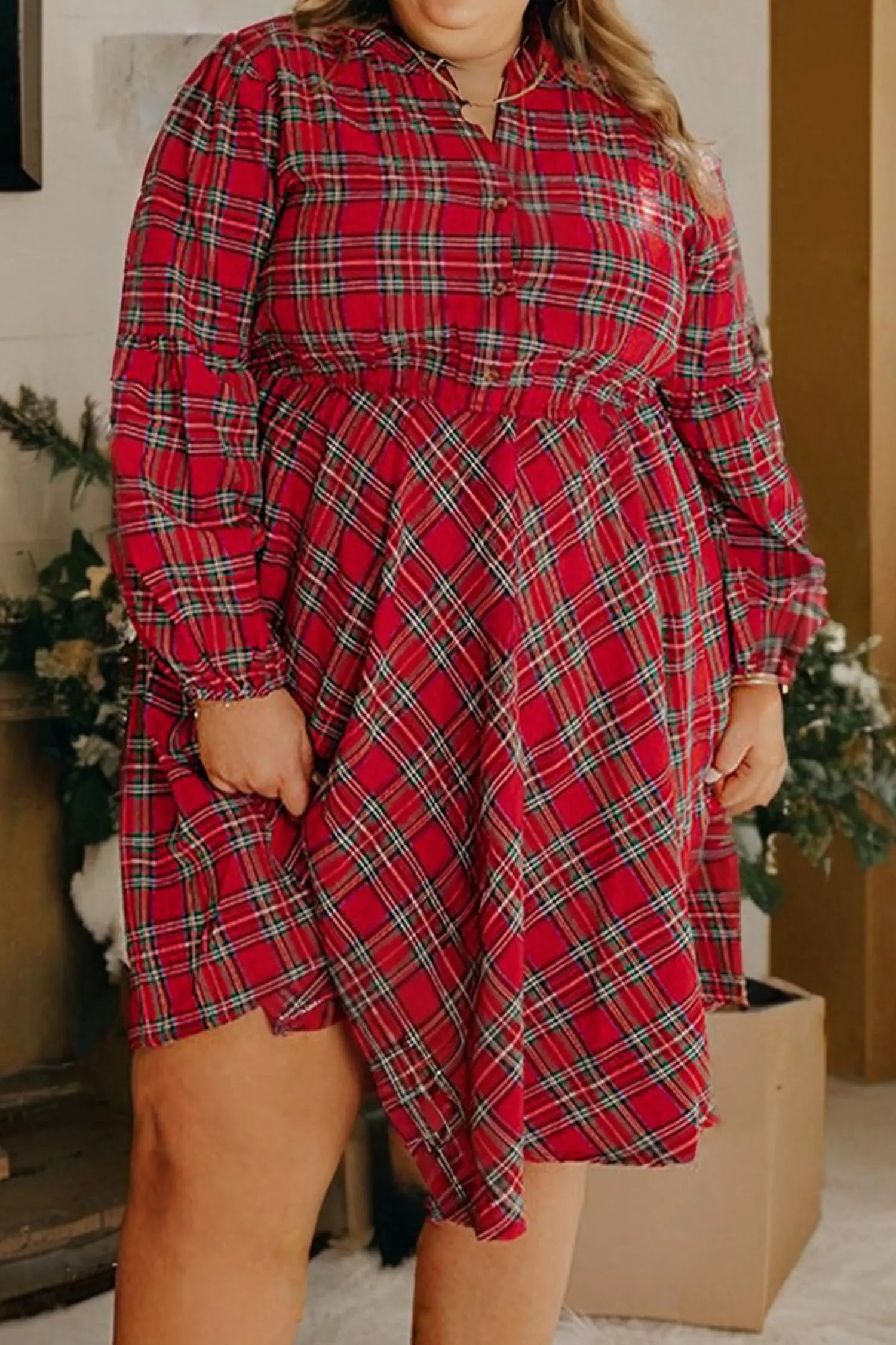 Red Plus Size Plaid Half Button Long Sleeve Holiday Dress Dear-Lover Dropshipping
