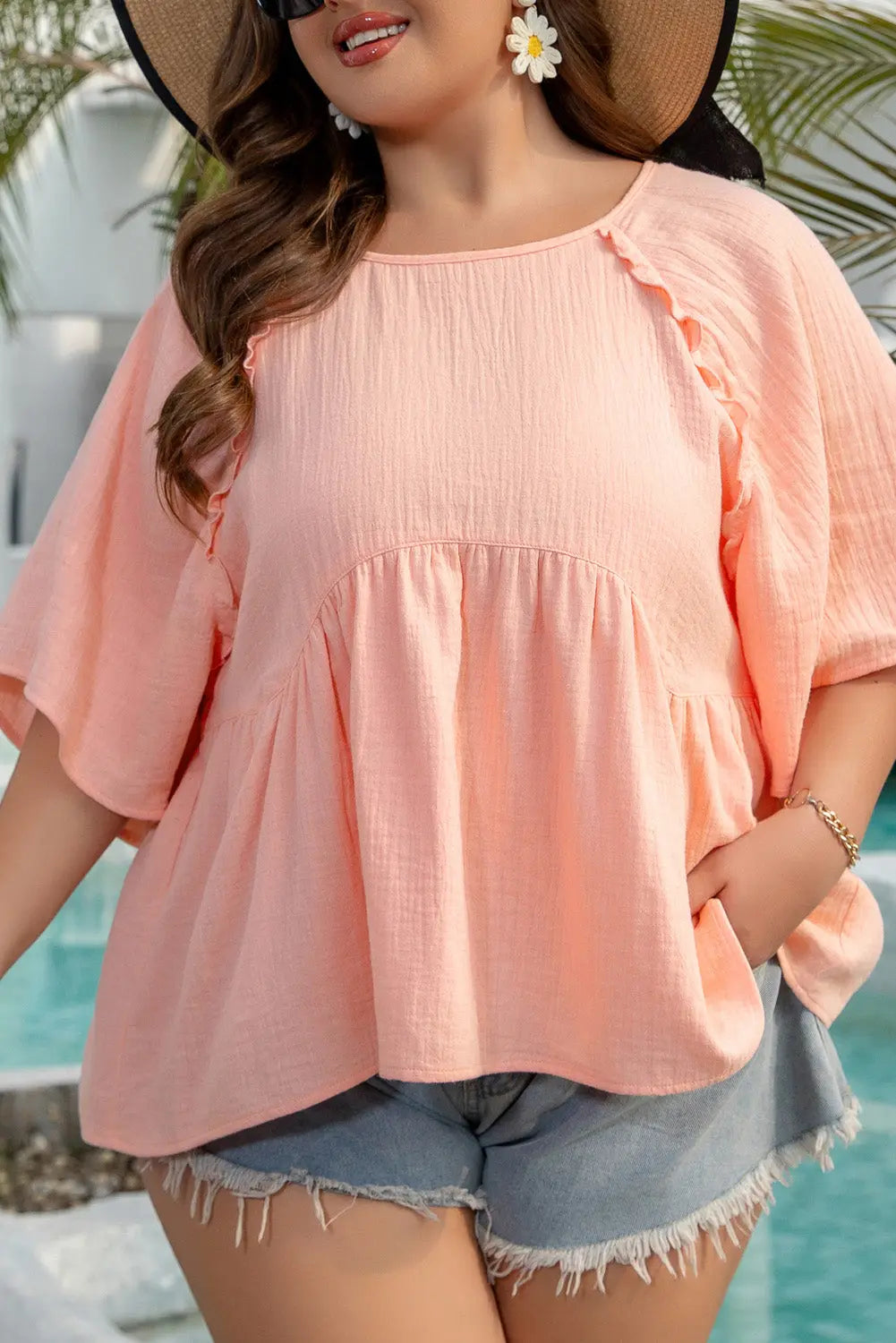 Apricot Pink Plus Size Textured Wide Short Sleeve Babydoll Blouse Dear-Lover Dropshipping