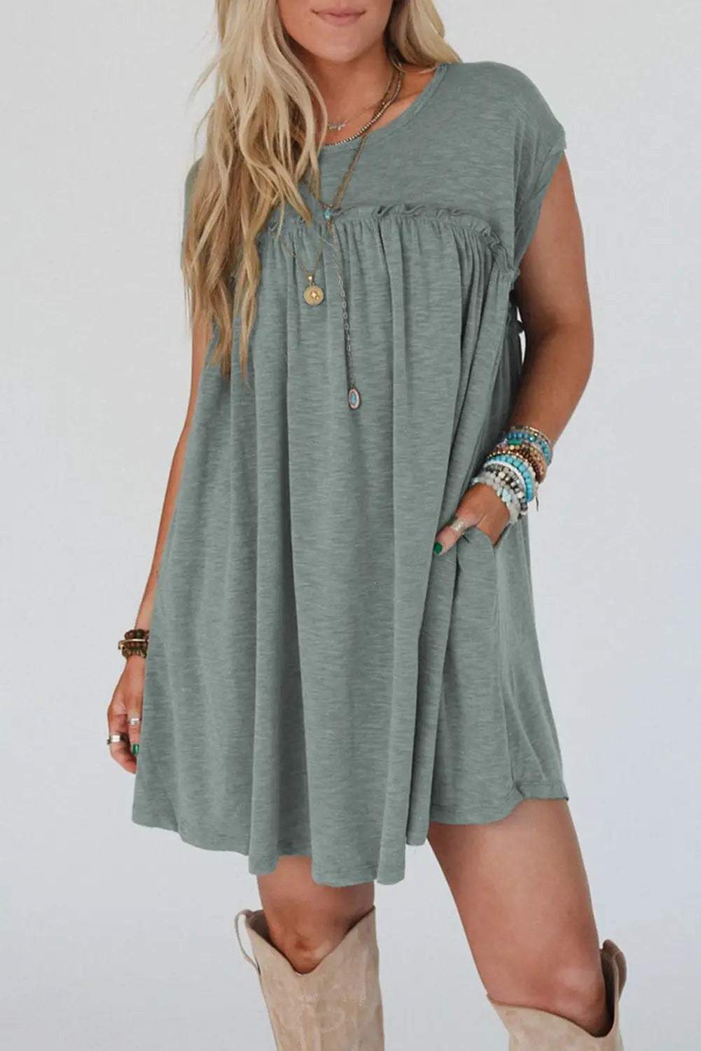 Mist Green Frilled Gathered Seam Round Neck T Shirt Dress Dear-Lover Dropshipping