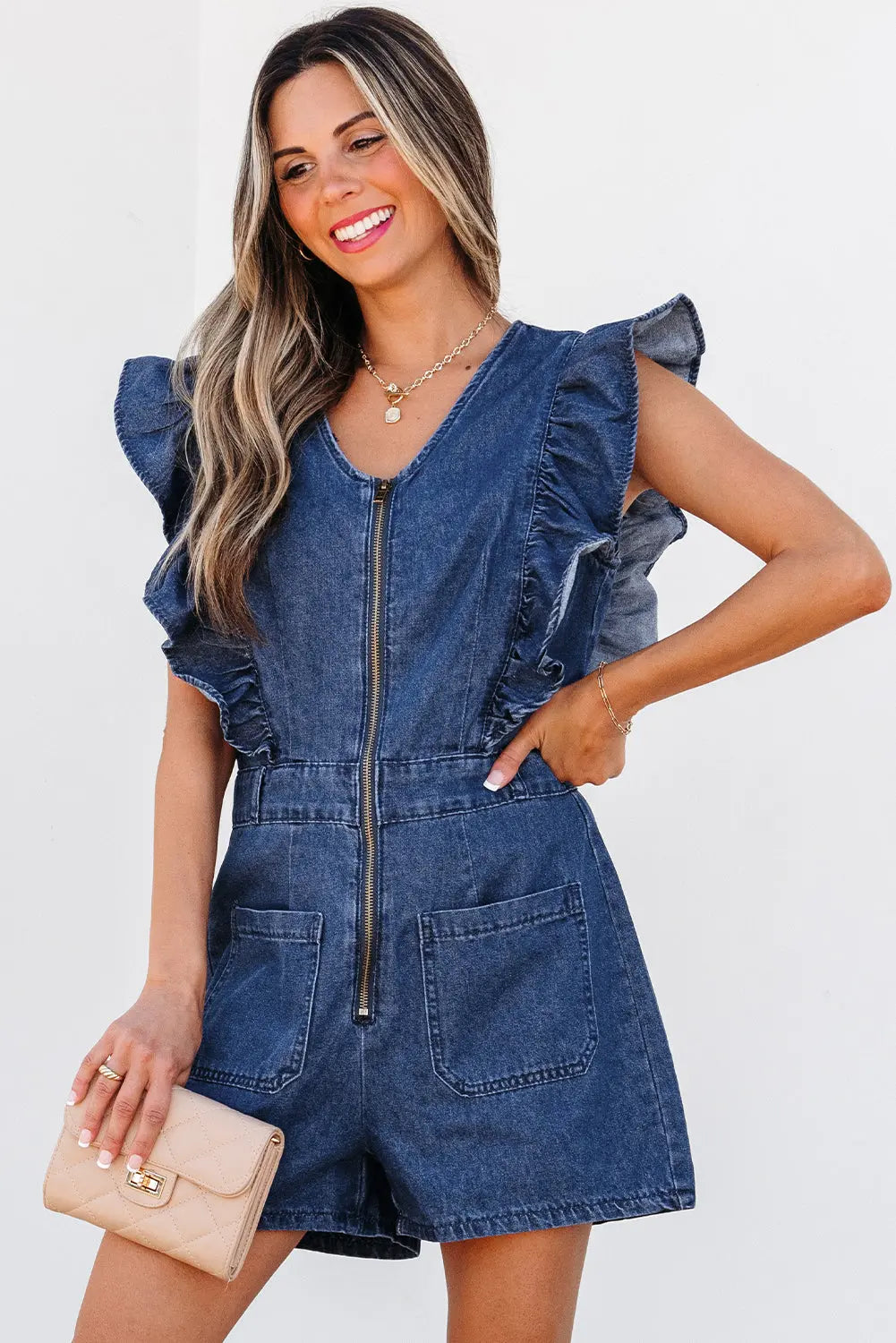 Sail Blue Denim Ruffled Zipped Front Belted Romper Dear-Lover Dropshipping