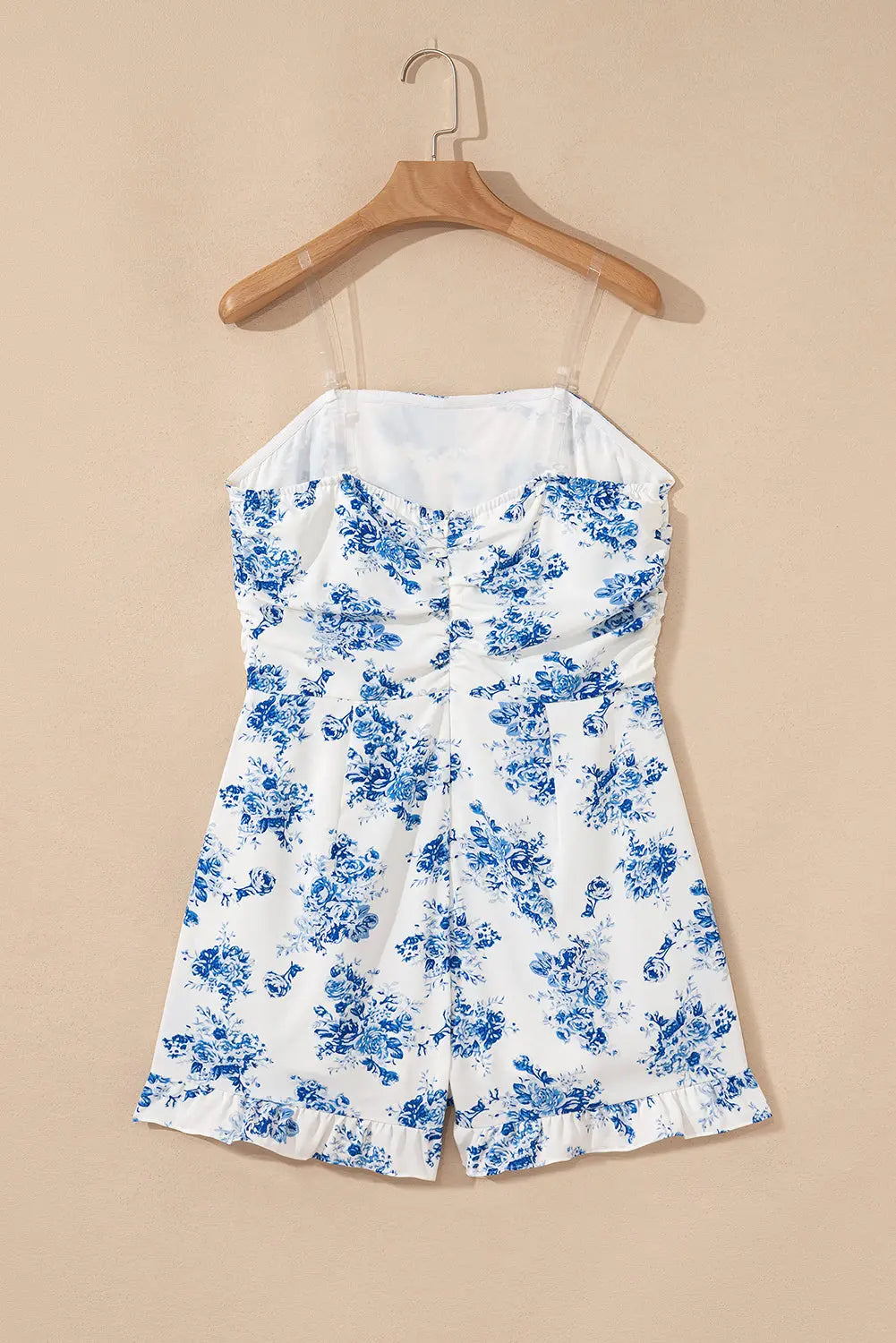 Sky Blue Floral Print Strapless Zipped Back Knot Waist Ruffled Romper Dear-Lover Dropshipping