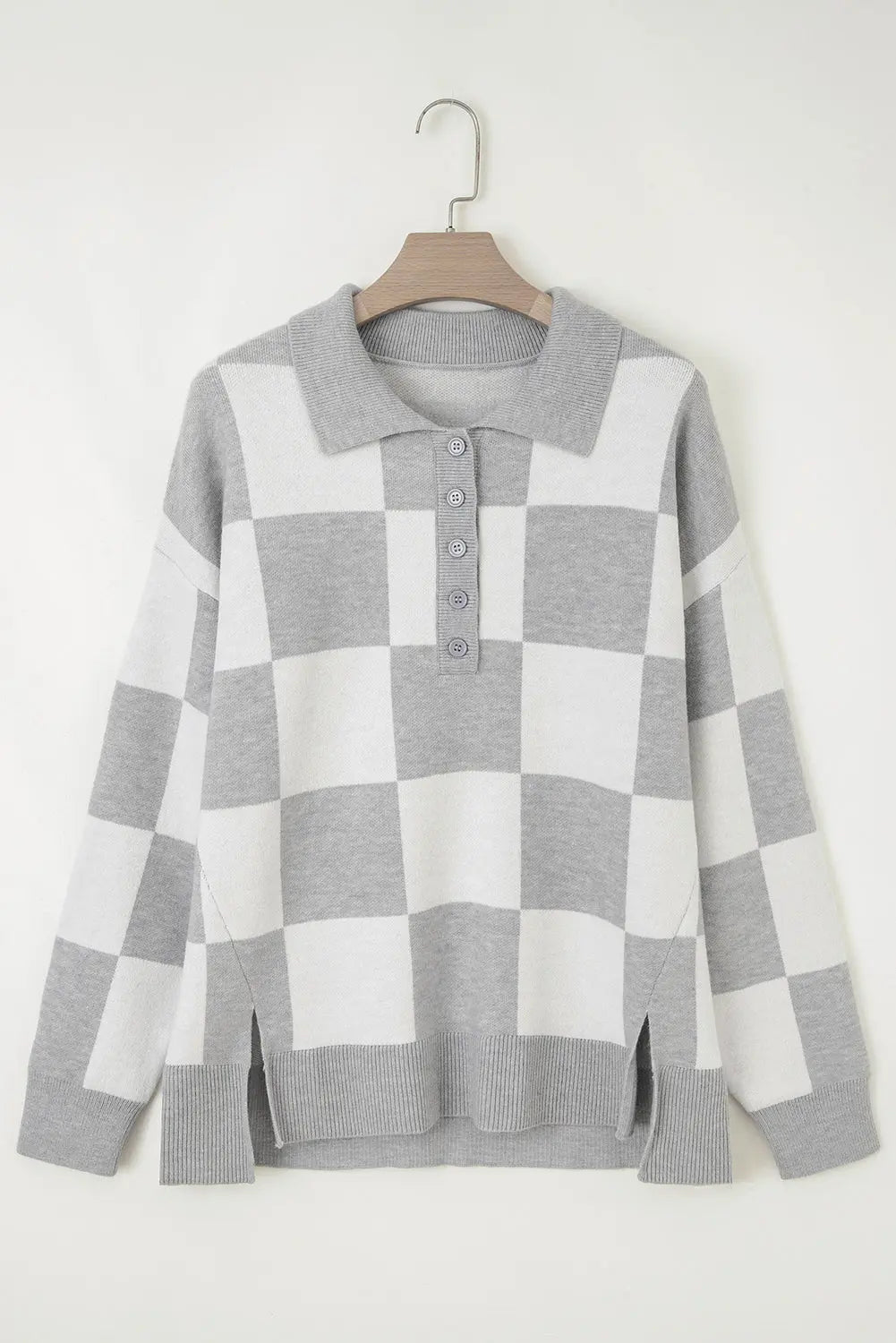 Gray Plus Size Checkered Pattern Button Polo Collar Split Sweater Dear-Lover Dropshipping