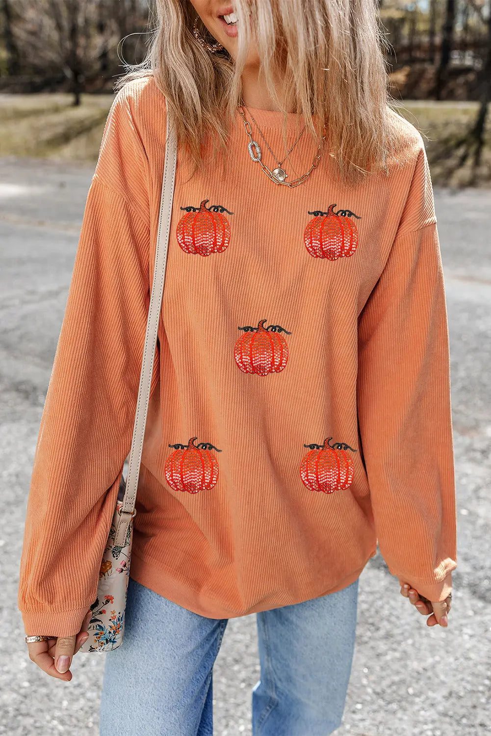 Orange Sequin Pumpkin Patched Twisted Rib Baggy Sweatshirt Dear-Lover Dropshipping