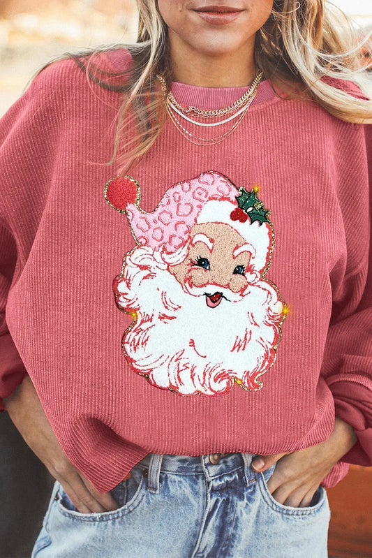 Strawberry Pink Santa Claus Sparkle Corded Crew Neck Sweatshirt Dear-Lover Dropshipping