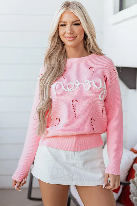Pink Merry Candy Cane Puffy Knit Crew Neck Sweater Dear-Lover Dropshipping