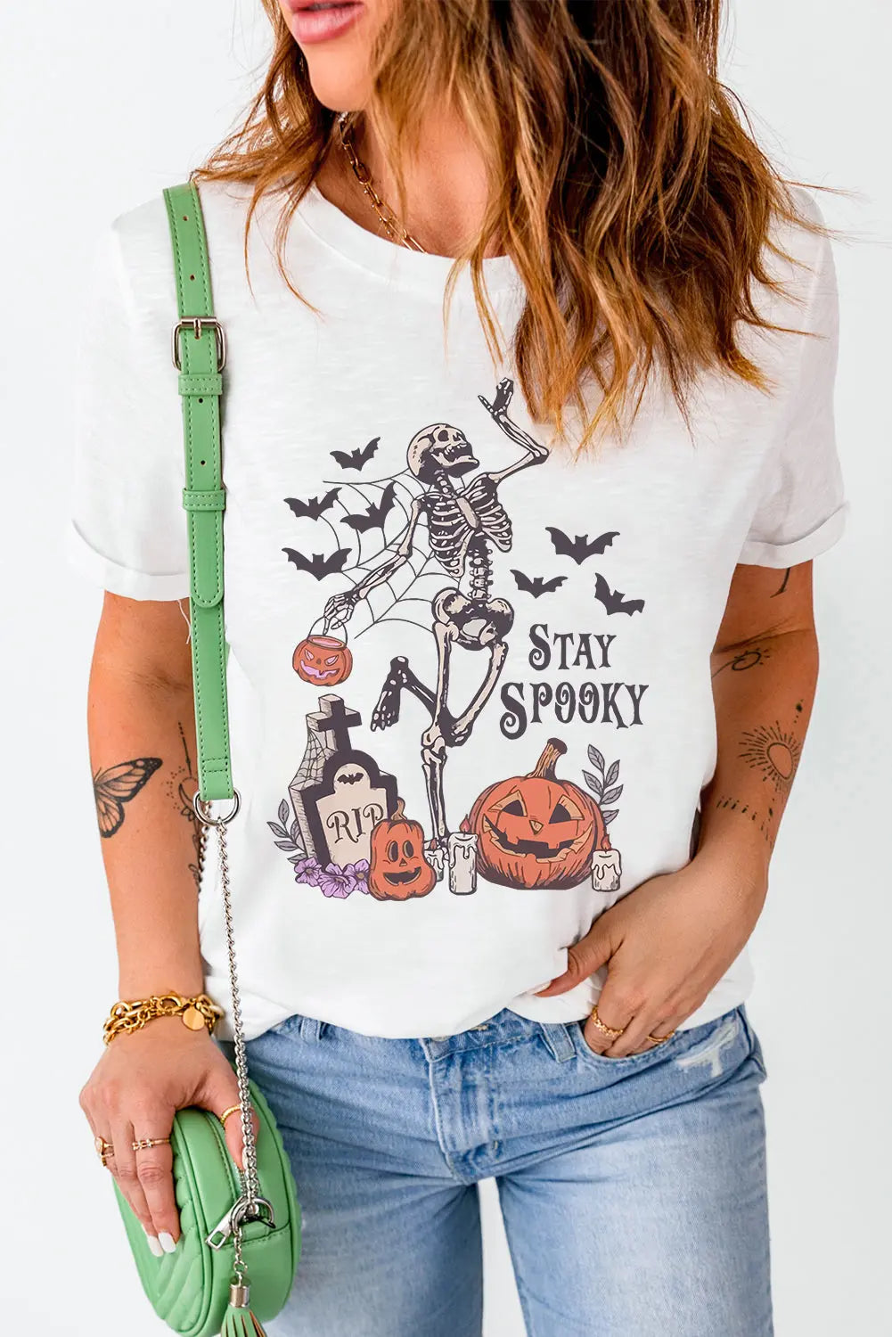 White Skull Pumpkin Face STAY SPOOKY Graphic Halloween T Shirt Dear-Lover Dropshipping