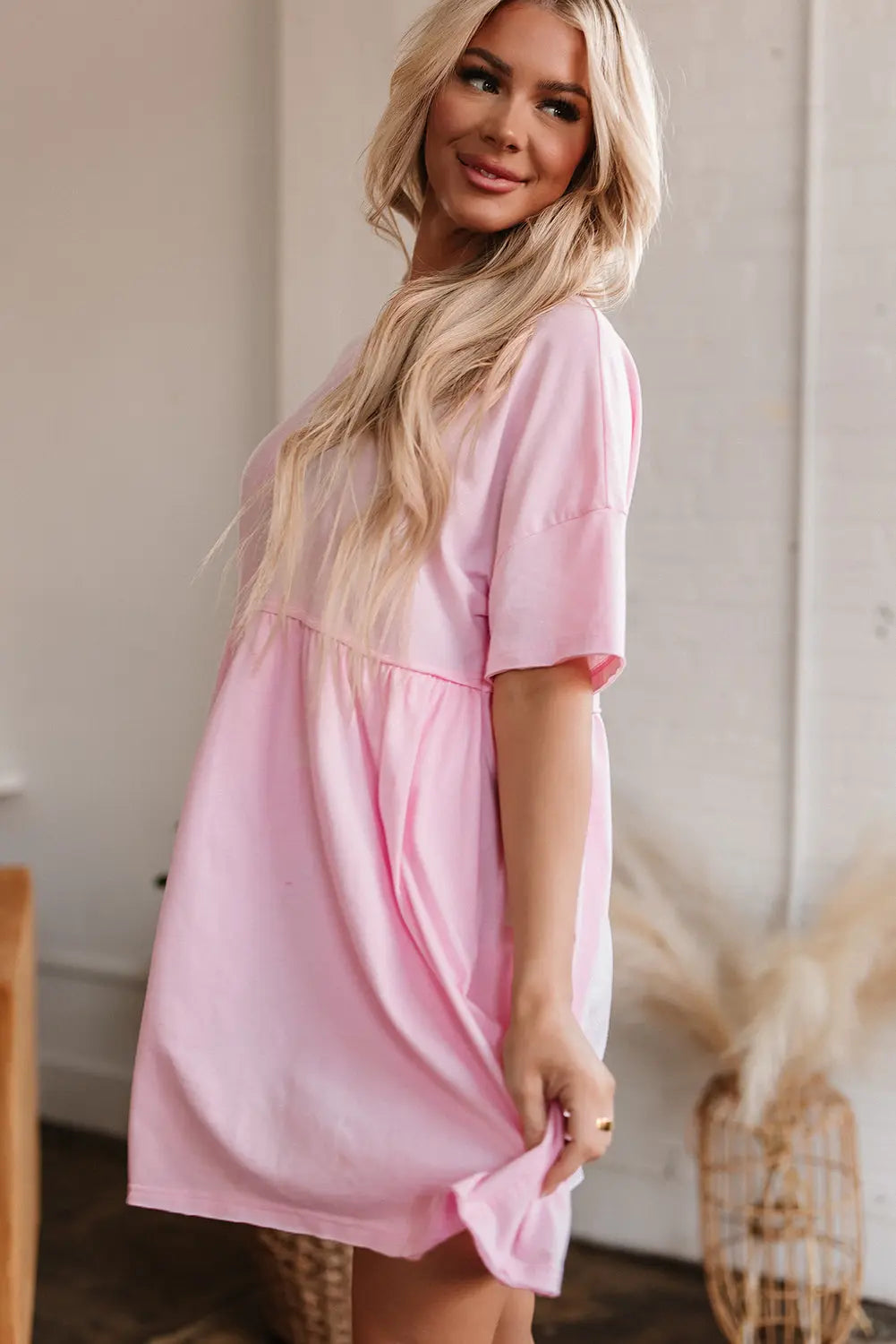 Light Pink Solid Color Pocketed Raw Edge Babydoll Dress Dear-Lover Dropshipping