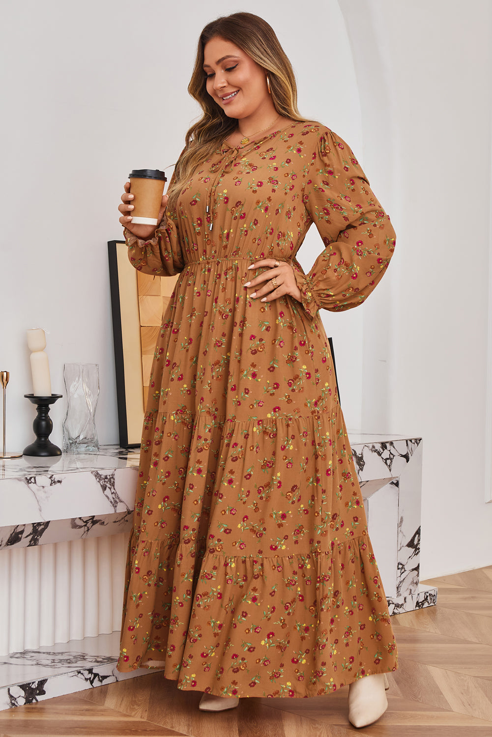 Brown Plus Size Floral Split V Neck Ruffled Sleeve Tiered Maxi Dress